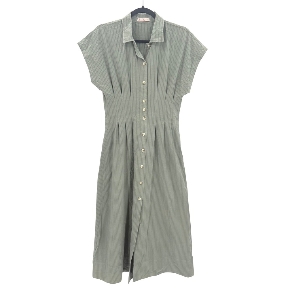 Marine Layer Arden Midi Shirtdress Sage Green Pinstripe Pima Cotton Size M 18642